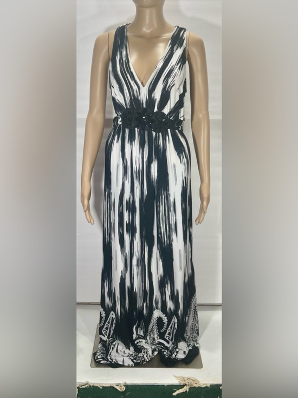 Black & White Maxi Dress with Floral Waist Detail